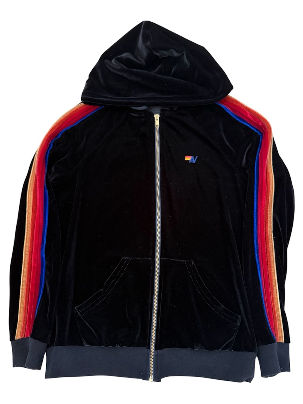 Aviator Nation Black Velour Hoodie five stripe Small